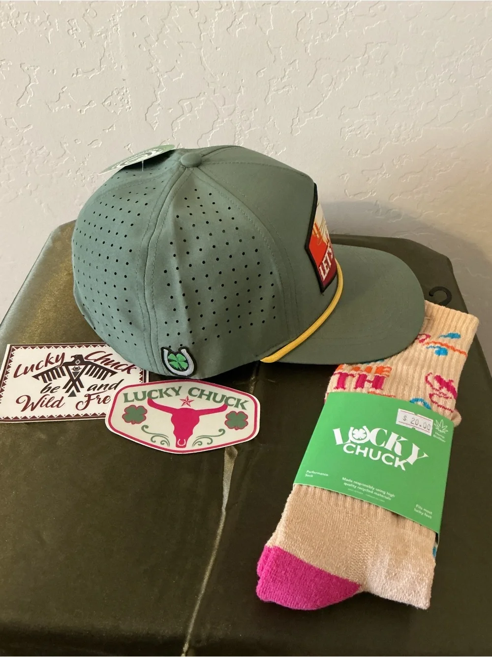Bundle of “Lucky Chuck” Cap, Socks, & Stickers